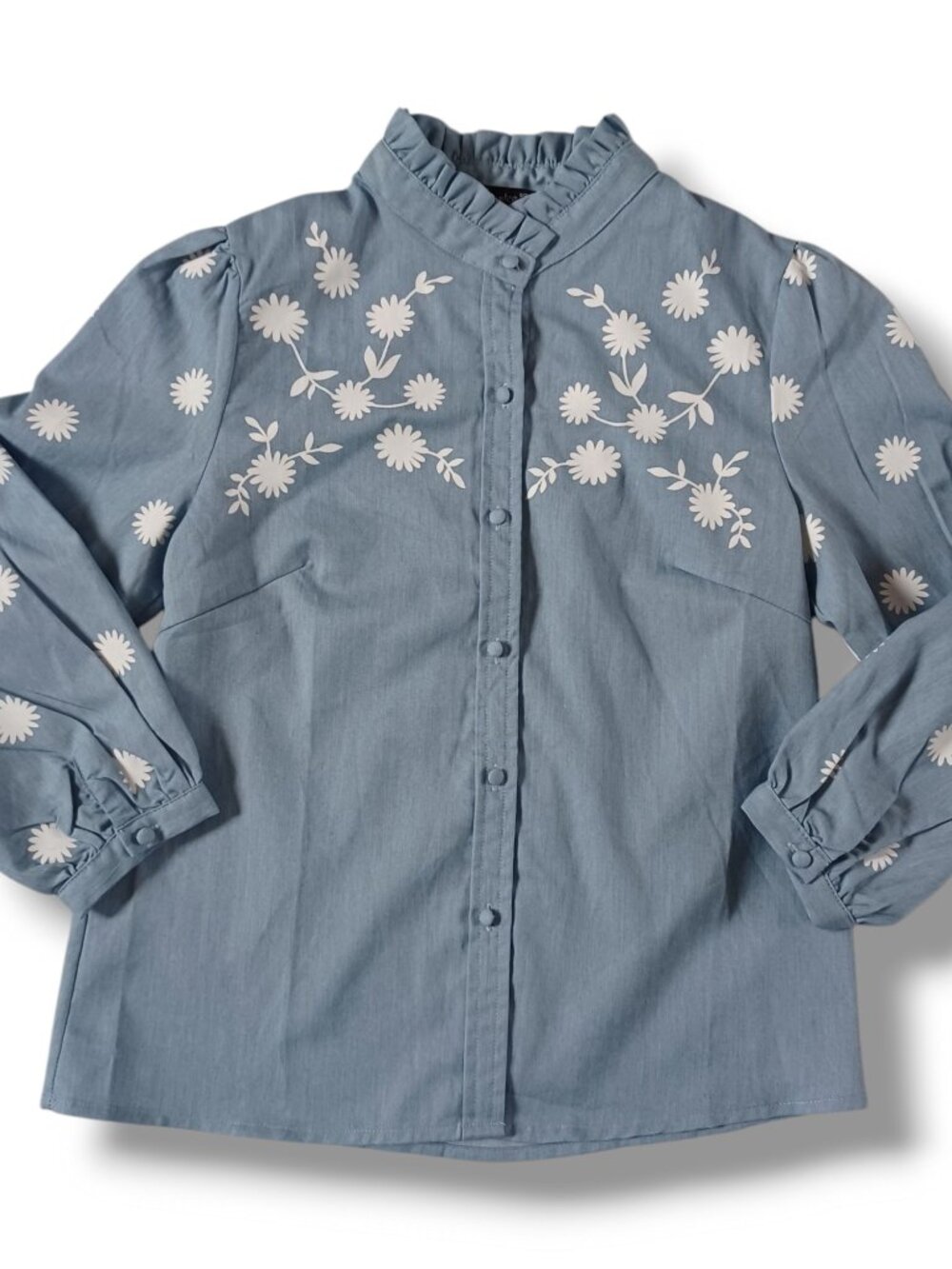 Simplee Womens Top Light Blue Mock Neck Puff Sleeve Folk Blouse Shirt Size XS